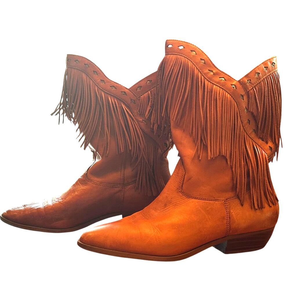 Fringe Tan Boho Western Leather Ankle Booties - Brown size 7.5